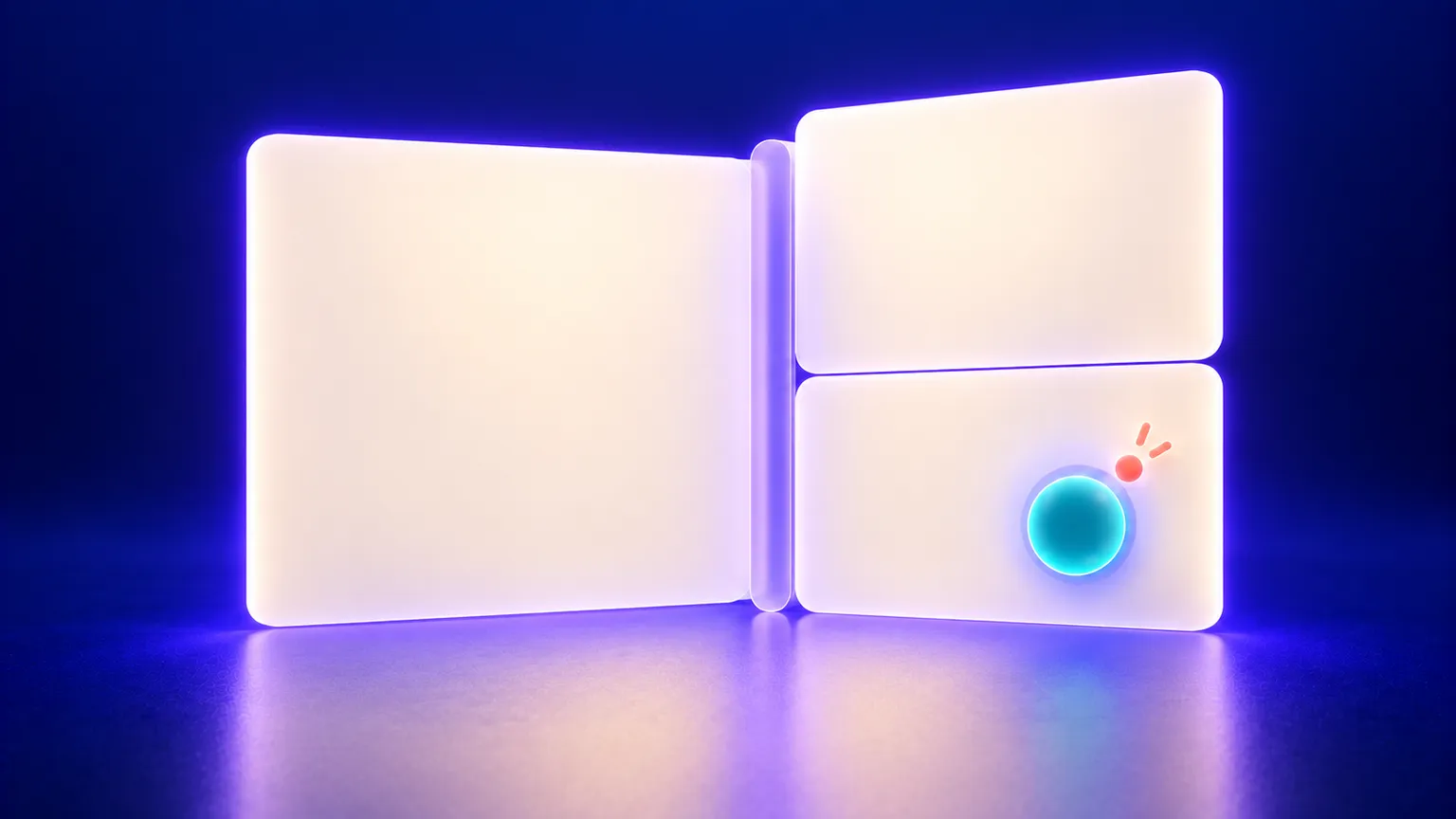 A warm off-white content plane transitions into two connected panes around a glowing violet fold, with teal and coral accents on deep navy.