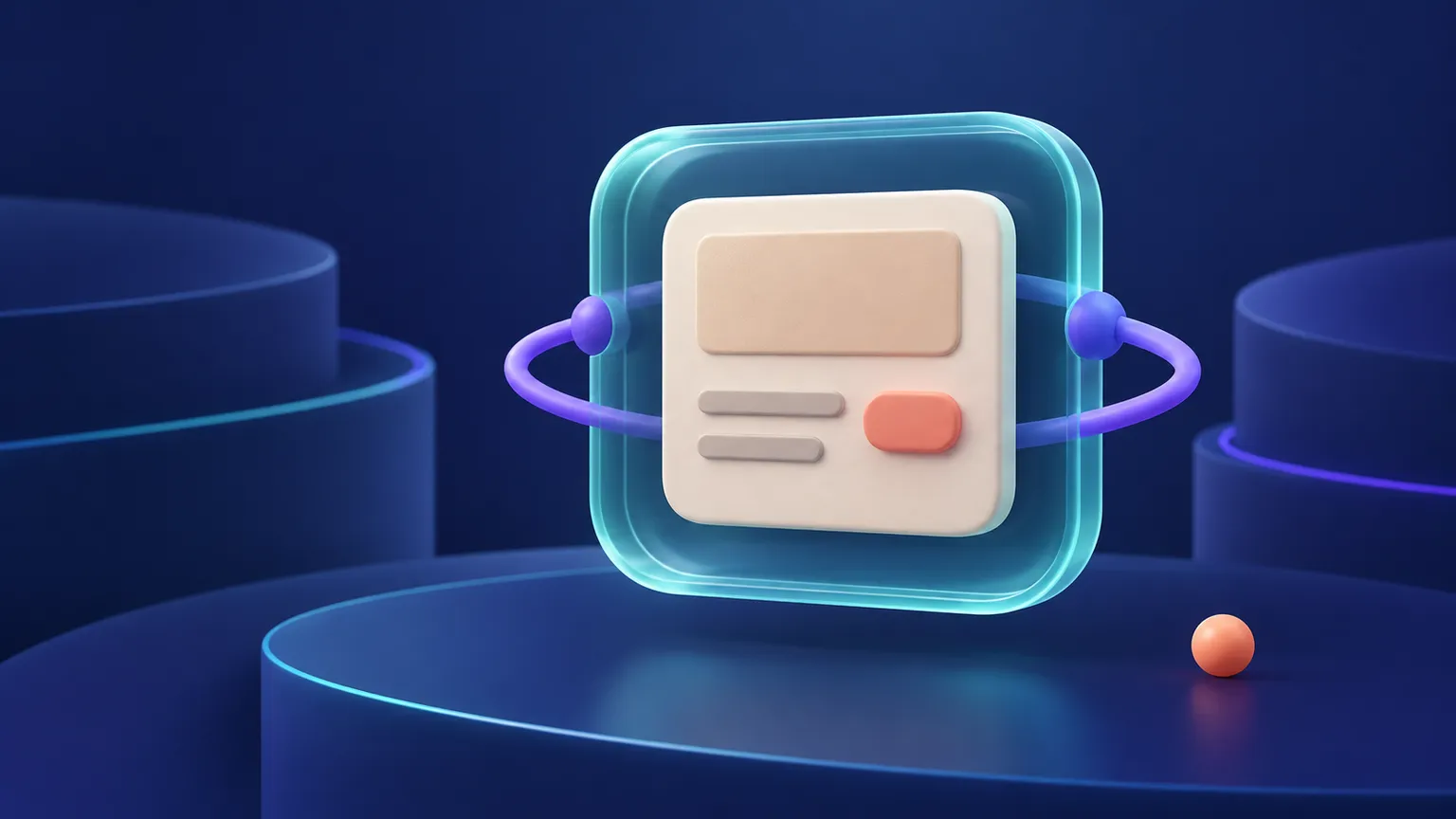 A warm off-white legacy widget tile is contained inside a translucent teal frame with a violet connector ring on a dark navy background.