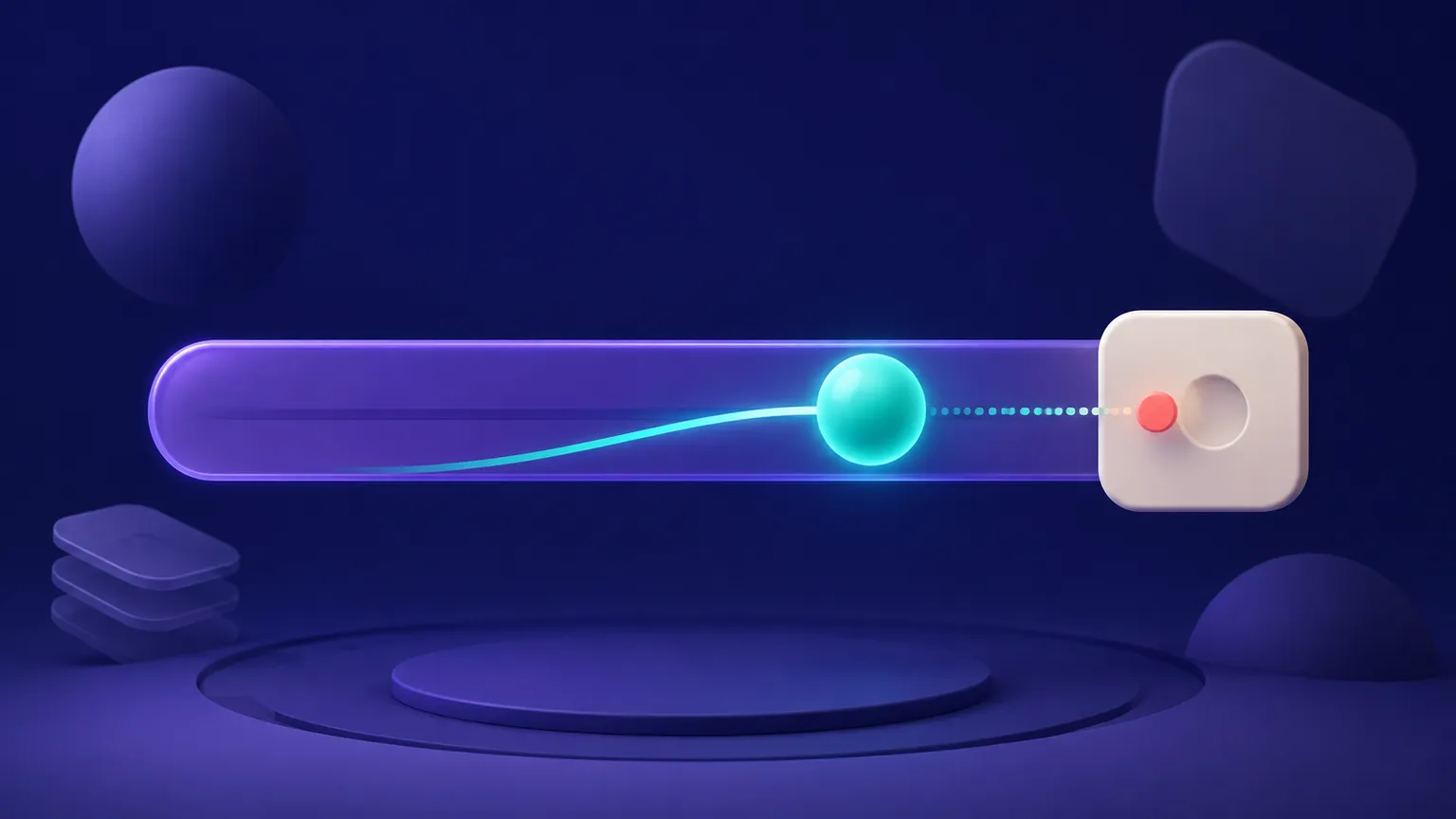 A violet control hub smoothly moves a teal slider toward a warm off-white target card, with a small coral endpoint marker.
