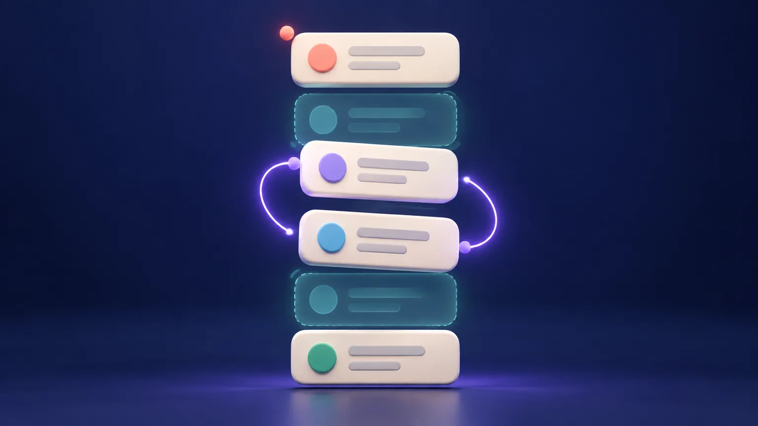 Stacked warm off-white list cards smoothly shifting through violet and teal paths on a deep navy background.