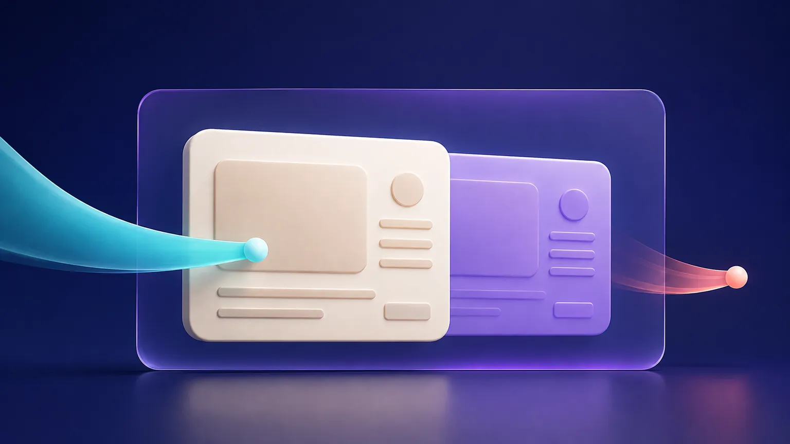 Two warm off-white content cards overlap inside a violet frame, with a teal incoming path and a small coral outgoing path.