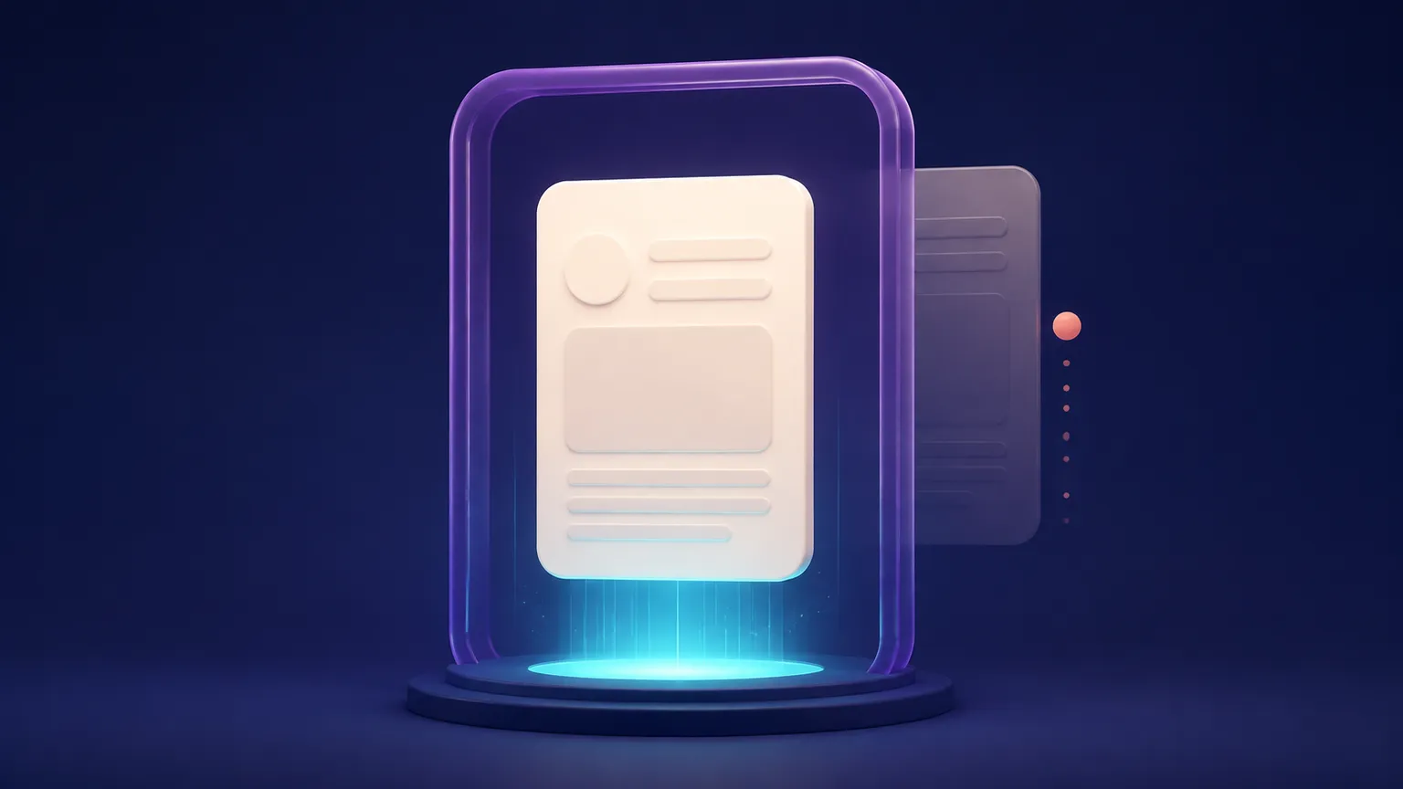 A warm off-white content card rises through a translucent violet frame with teal entry trails and a small coral exit marker.