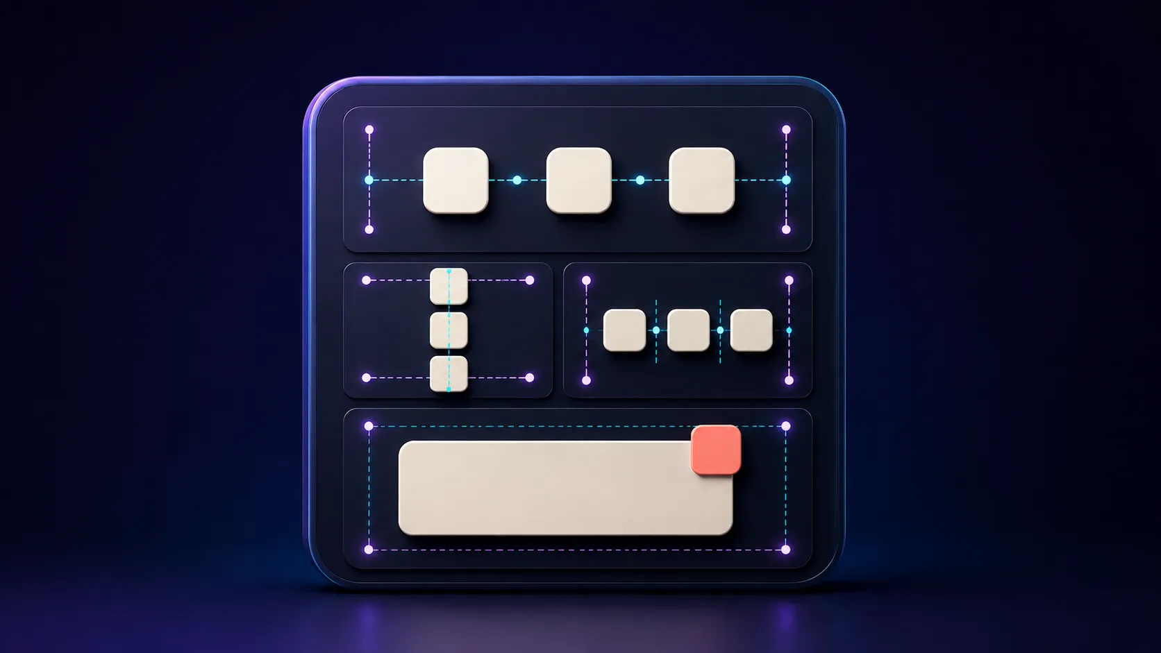 A dark technical illustration of an Android layout showing evenly spaced horizontal cards, centered vertical cards, and an overlaid corner-aligned element.