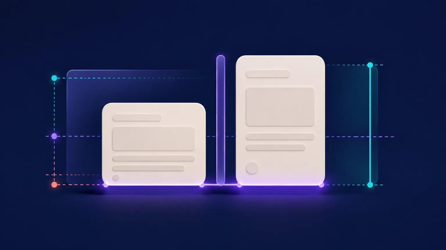 Two stylized content panels aligned along a shared horizontal guide beside a vertical divider.