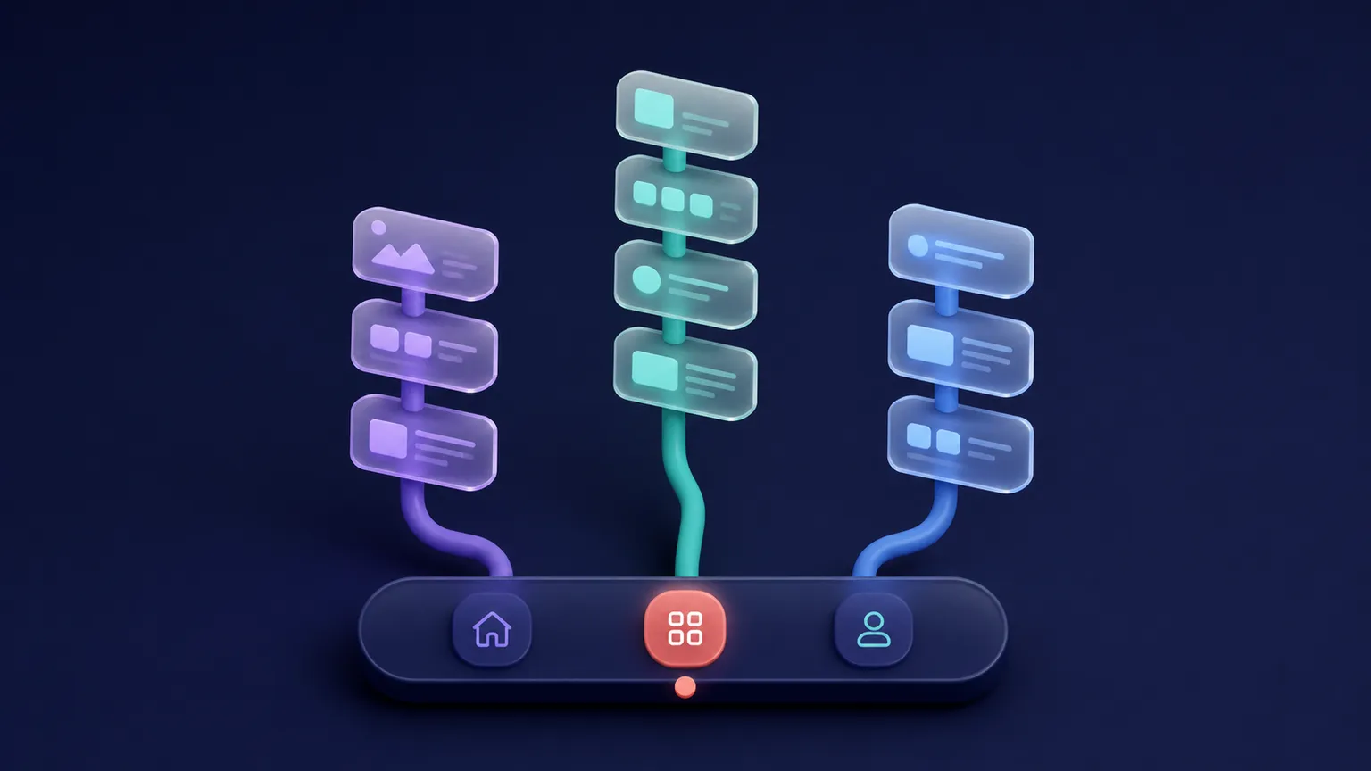 Three violet and teal navigation paths branch from a bottom bar and retain their own stacks of rounded destination cards.