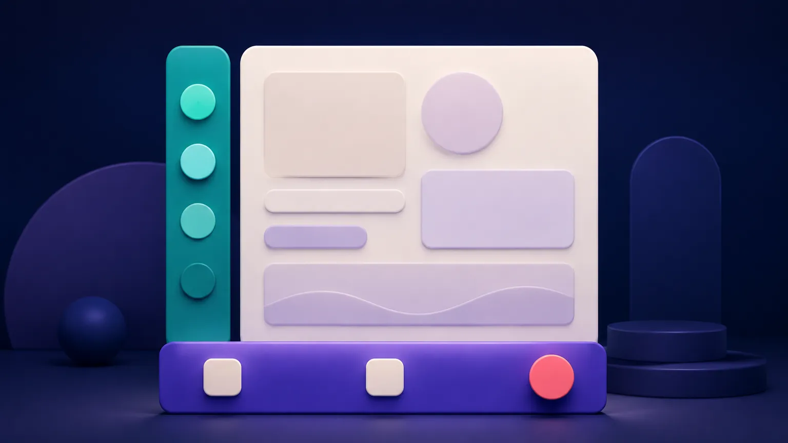 A stylized Compose screen with a teal vertical navigation rail and a violet bottom action bar surrounding a central content panel.