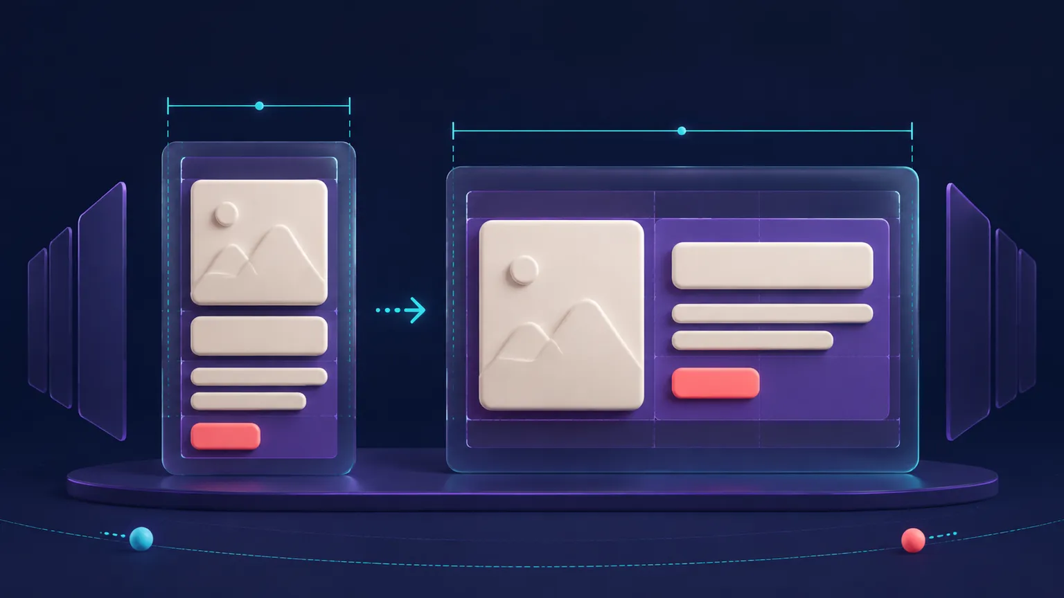 A stylized content card changing from a narrow stacked layout to a wide side-by-side layout within cyan width guides.