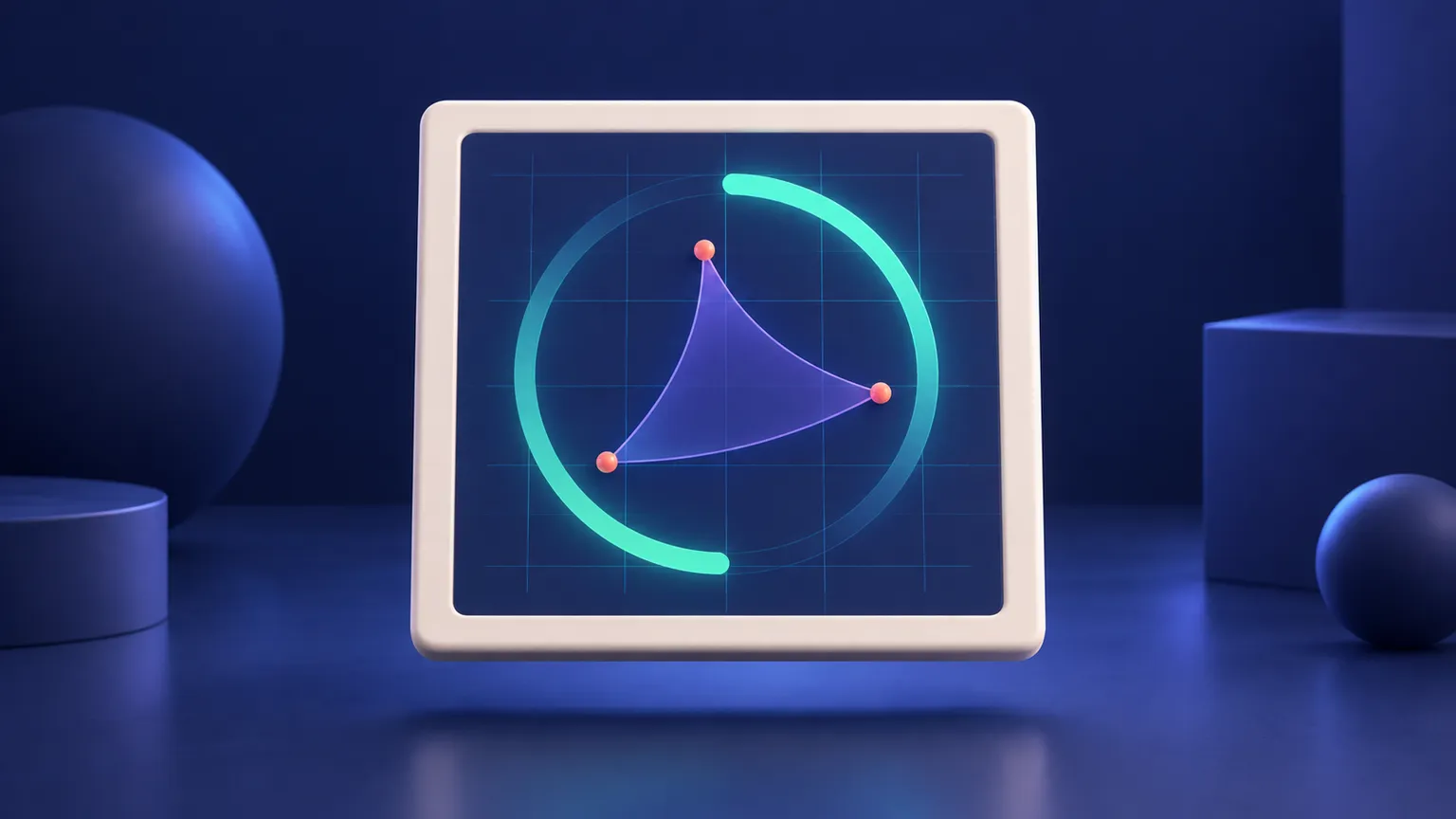 A glowing teal circular chart and violet path being drawn on a warm off-white canvas panel against a deep navy background.