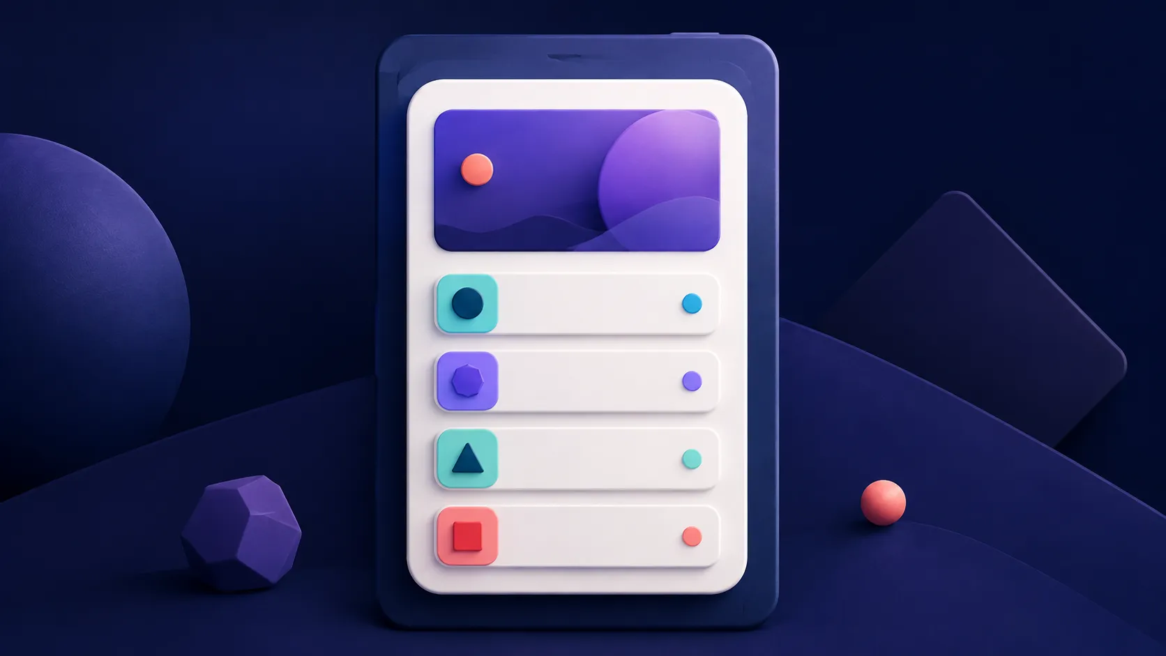 A centered Compose-style phone interface showing grouped cards, surfaces, and list rows in a dark navy and violet 3D scene.