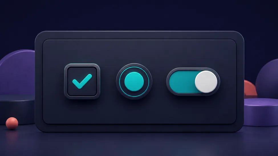 Checkbox, RadioButton, and Switch in Jetpack Compose Three abstract selection controls on a dark panel: a square, a circle, and a pill-shaped toggle with teal highlights.