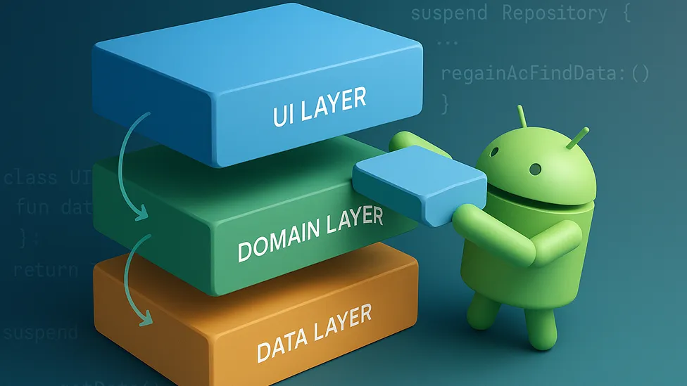 Visualization of Clean Android Architecture implementing the MVVM pattern with distinct layers for separation of concerns and improved maintainability.