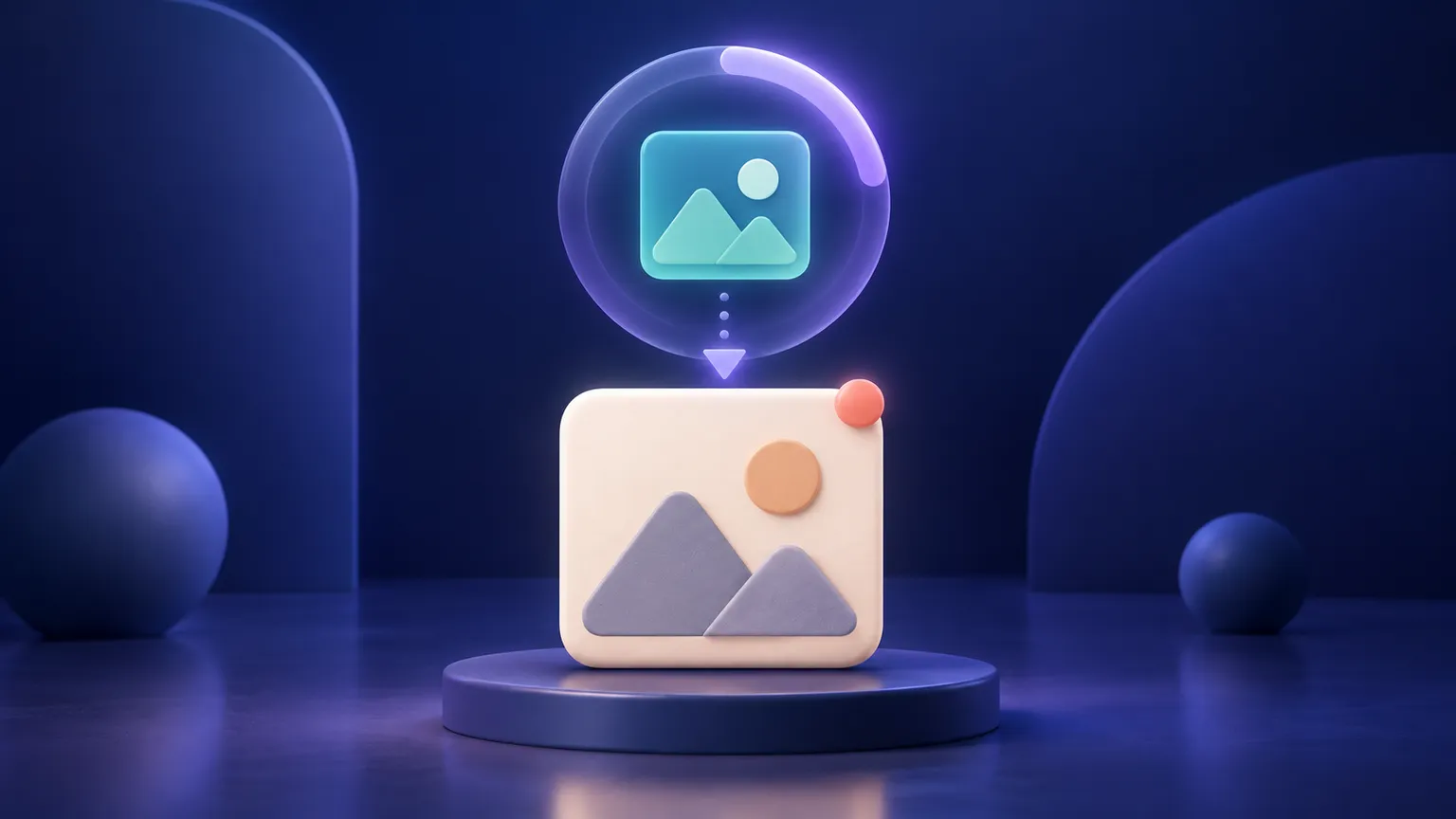 A warm off-white image card receives a glowing teal image tile through a violet loading ring on a deep navy background.