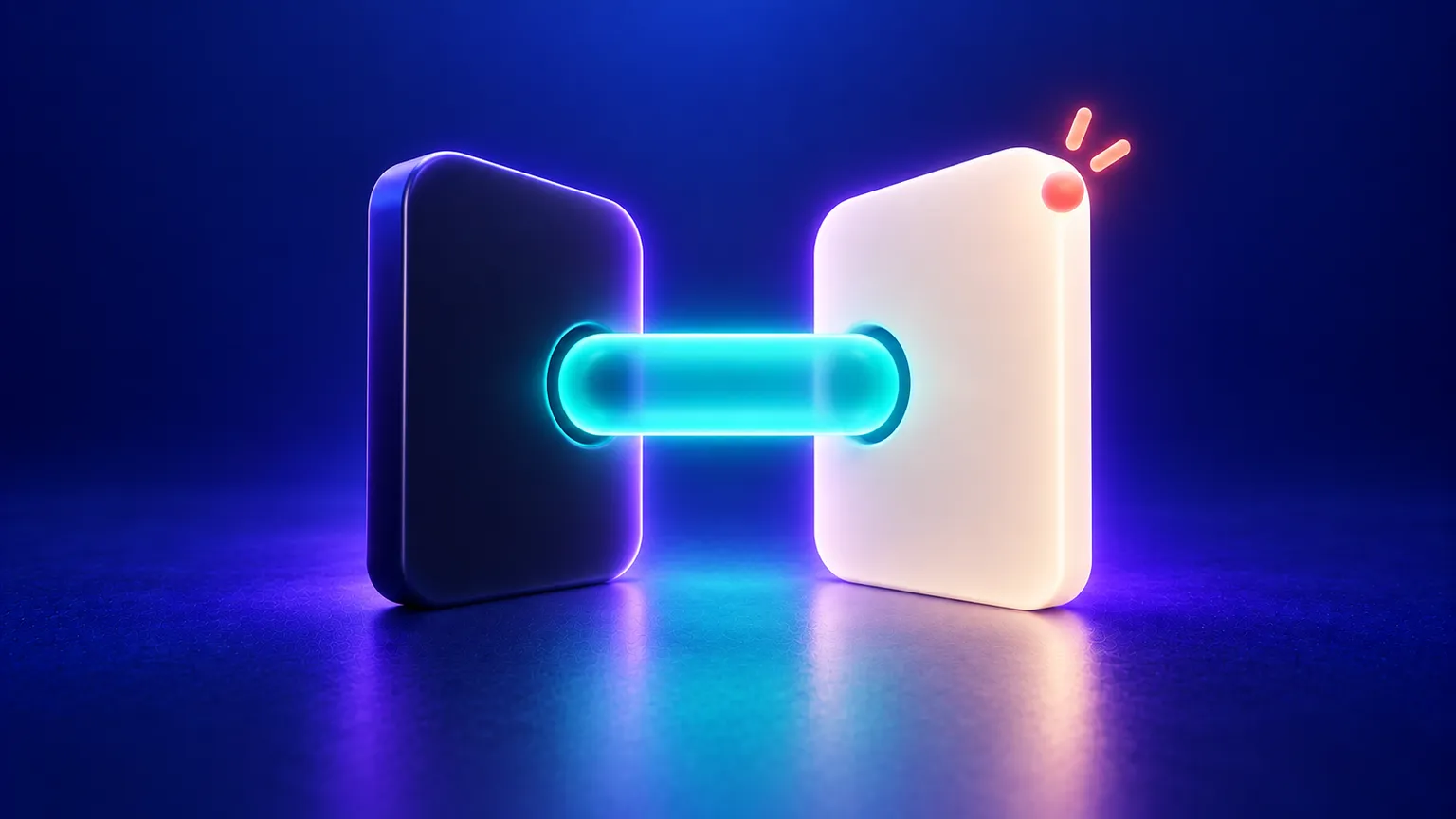 A warm off-white illuminated surface and a deep indigo surface balance around a glowing teal contrast bridge with a small coral accessibility accent.