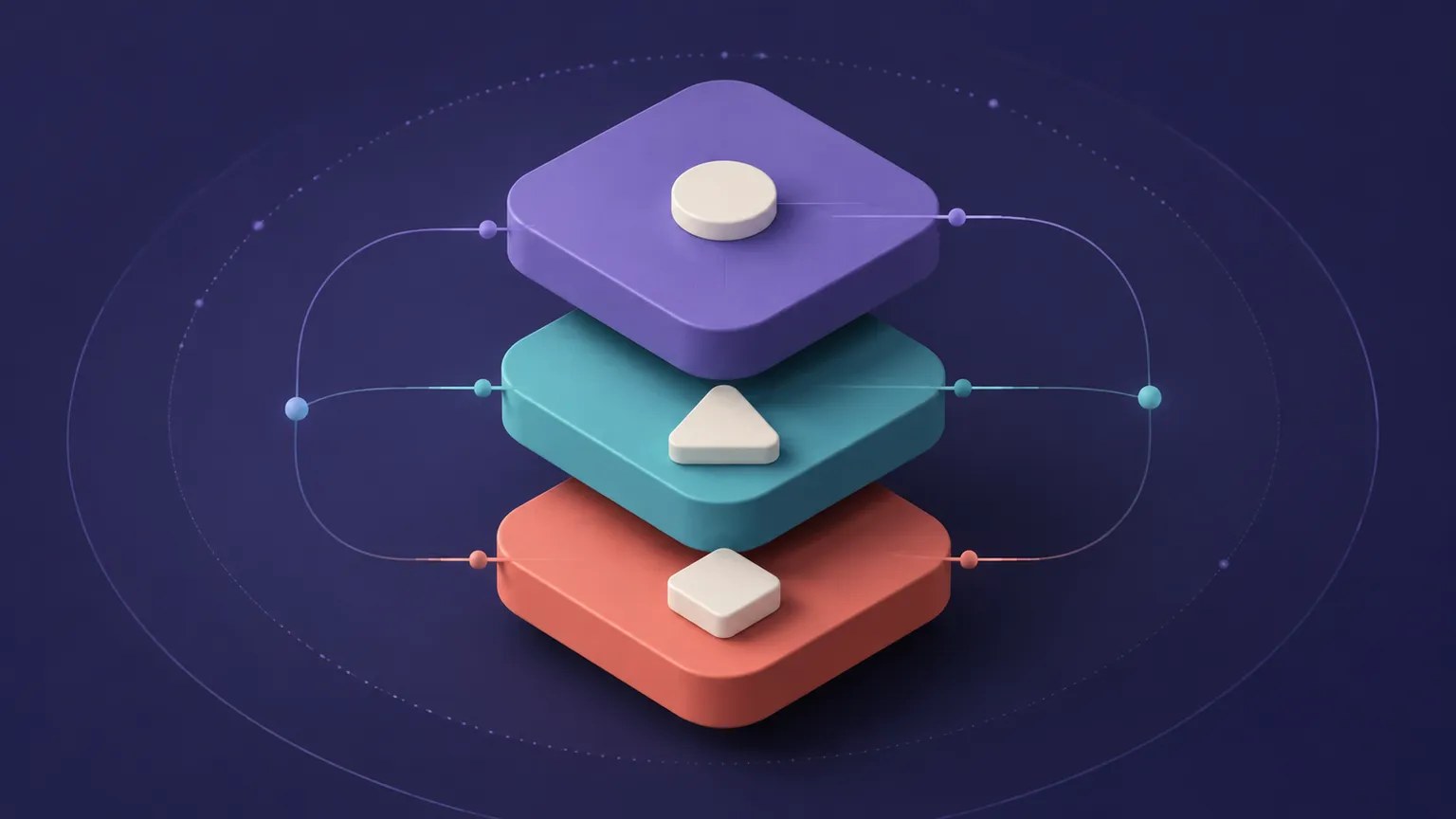 A stylized set of layered violet, teal, coral, and off-white color tiles connected to matching foreground dots.
