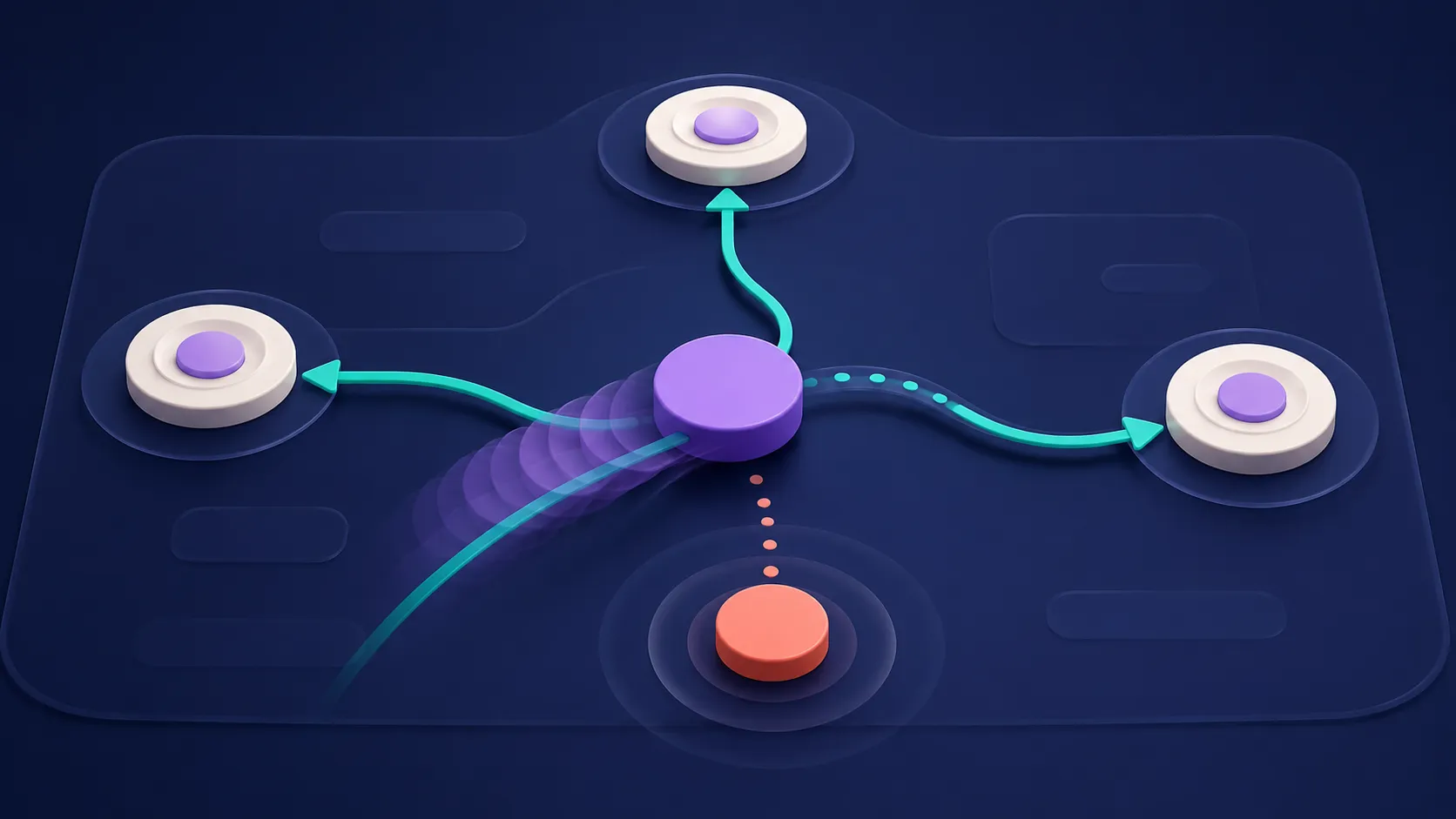 An abstract dark interaction panel with a teal draggable handle, violet motion path, and a small coral gesture target.