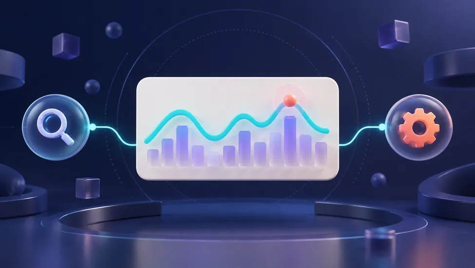 Profile Compose Performance with Layout Inspector, Macrobenchmark, and Baseline Profiles An abstract teal performance wave crosses translucent violet bars on a warm off-white panel between magnifying-glass and gear symbols.
