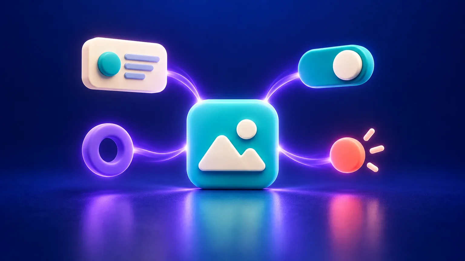 An abstract teal central component with four glowing semantic layers connected by violet paths on a deep navy background.