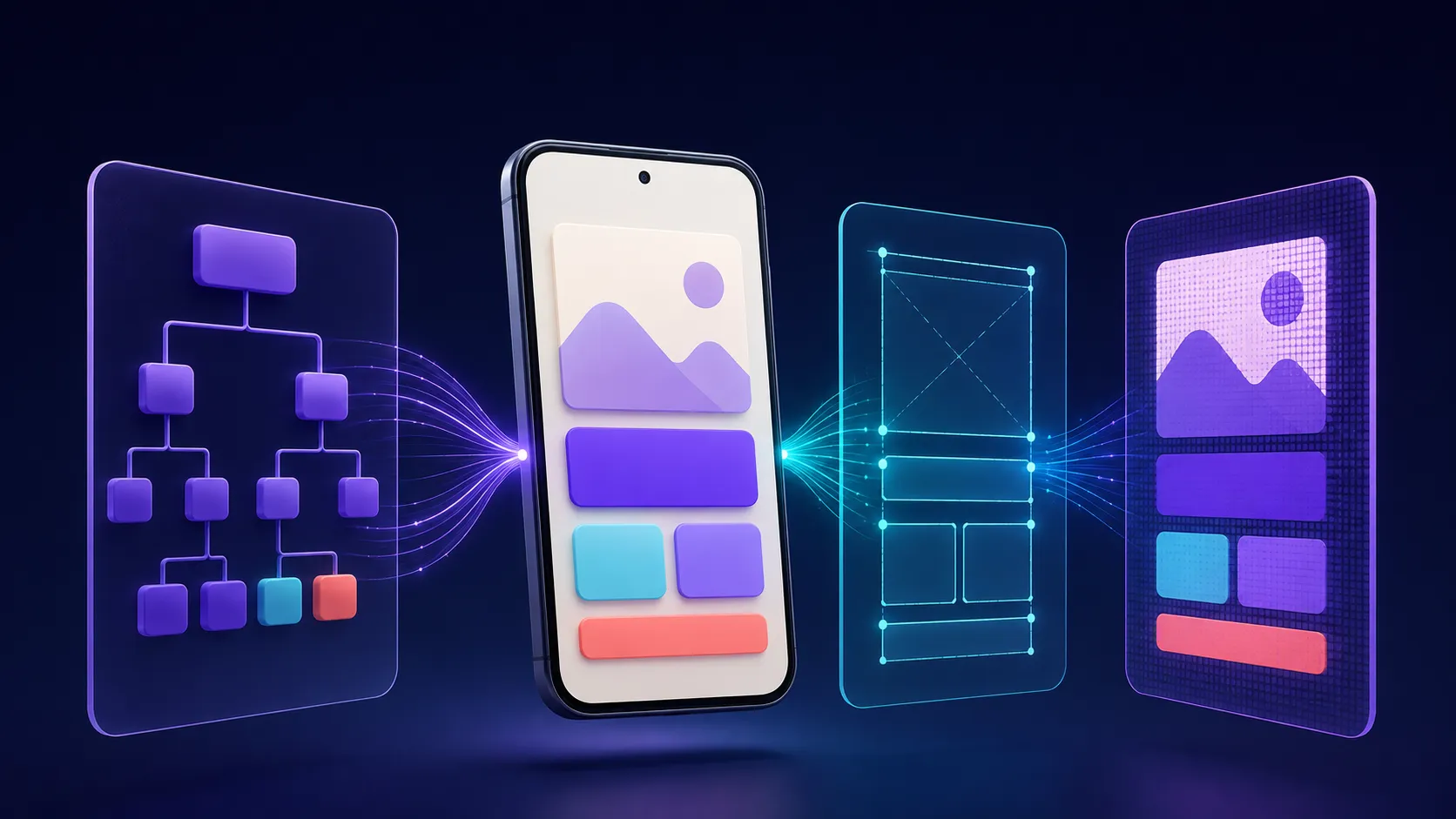 A dark technical illustration of an Android screen receiving a UI tree, geometric layout grid, and glowing drawing layer to represent the three Compose UI phases.