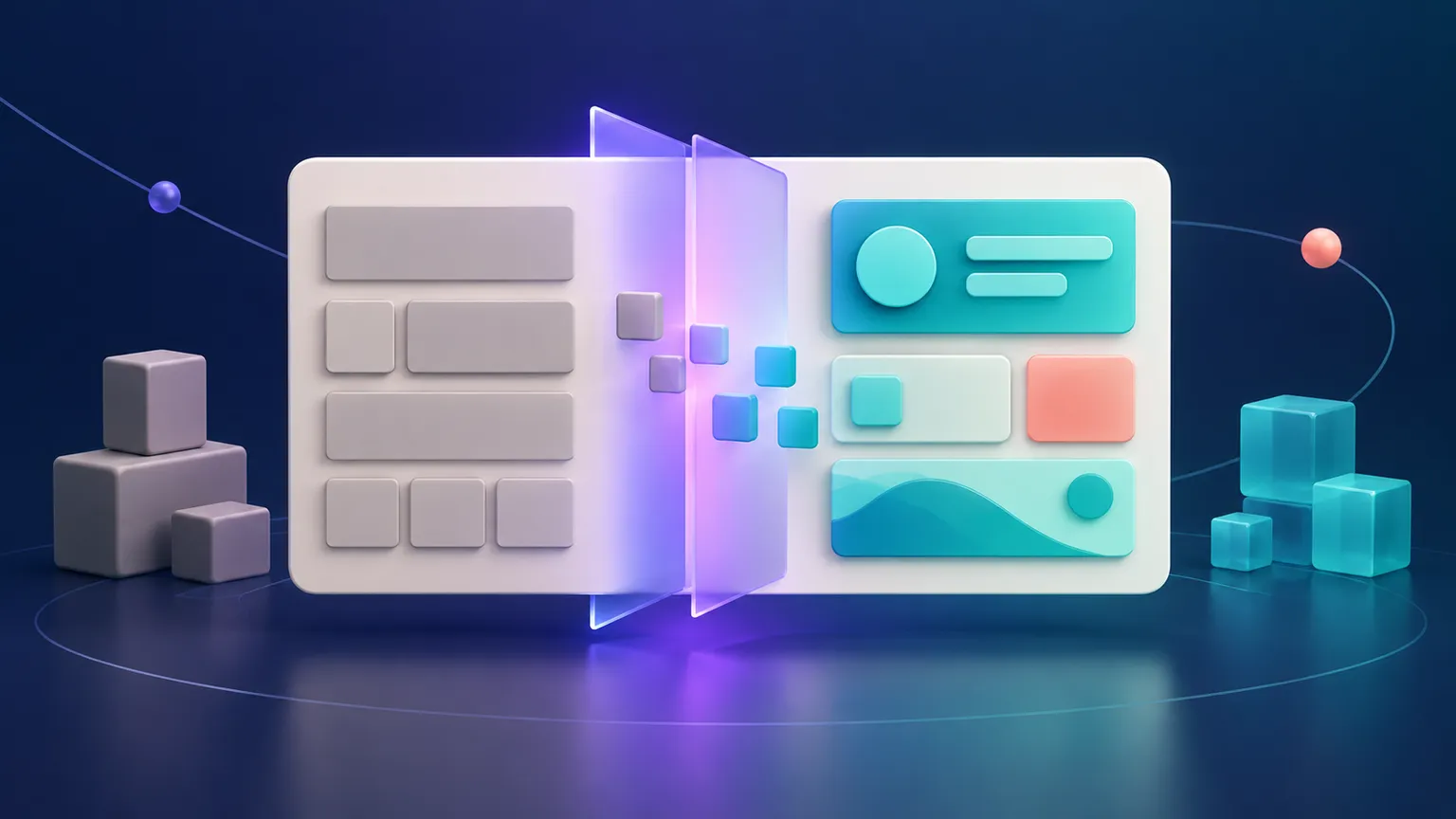 Abstract legacy interface tiles transition through a glowing violet boundary into teal Compose-style cards on a warm off-white panel.