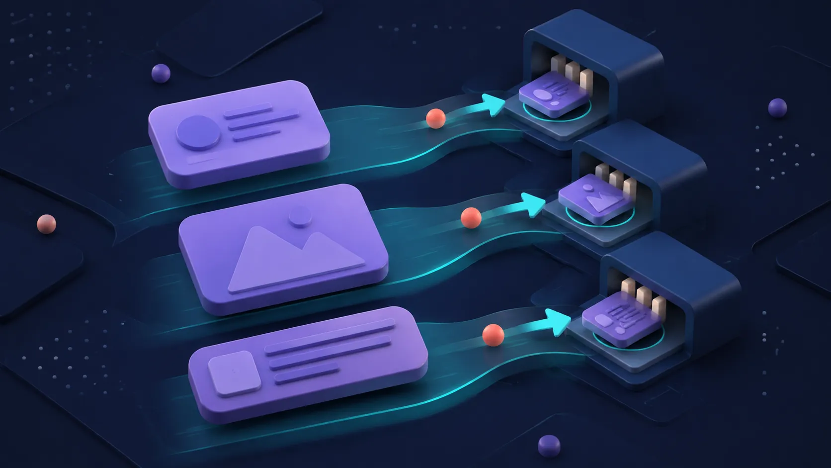 Three distinct violet card shapes flowing through separate teal lanes in an abstract mixed Compose list.