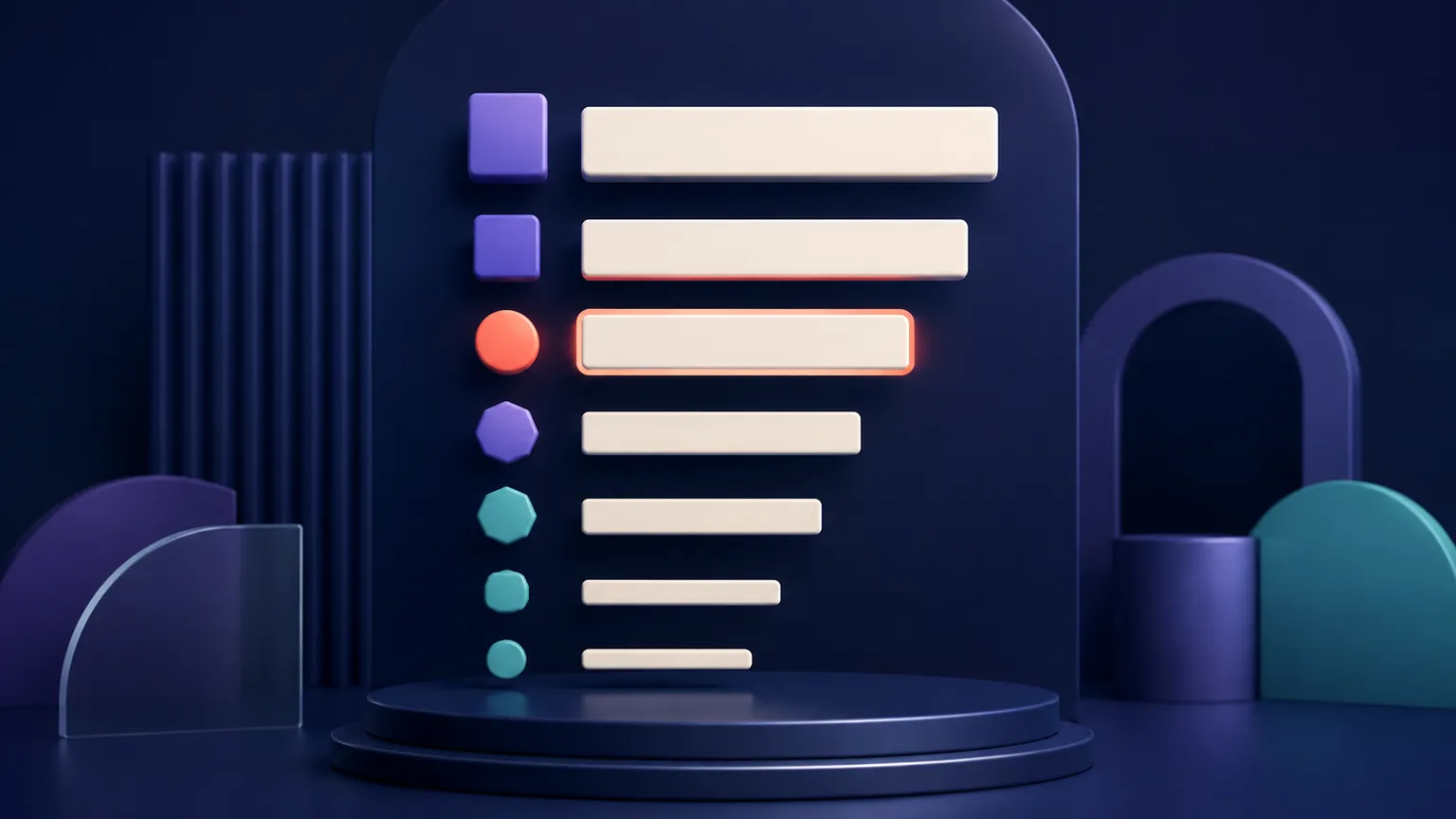 A stylized set of floating type-scale bars and font-weight tiles arranged on a violet and teal editorial platform.