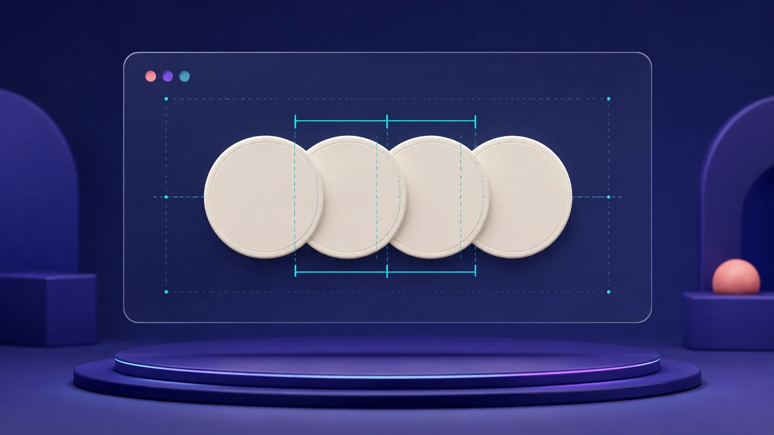 A stylized group of overlapping circular UI tiles arranged along a cyan measurement guide.