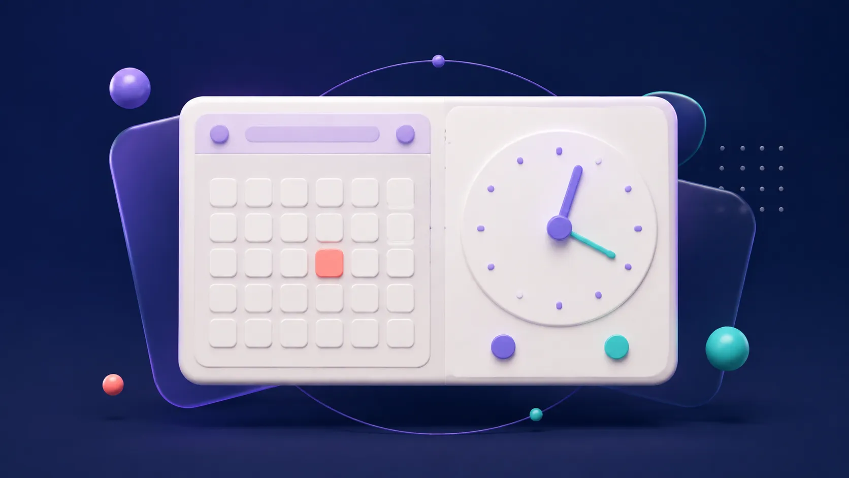 A dark abstract calendar panel beside a circular time dial, with violet, teal, and small coral accents.