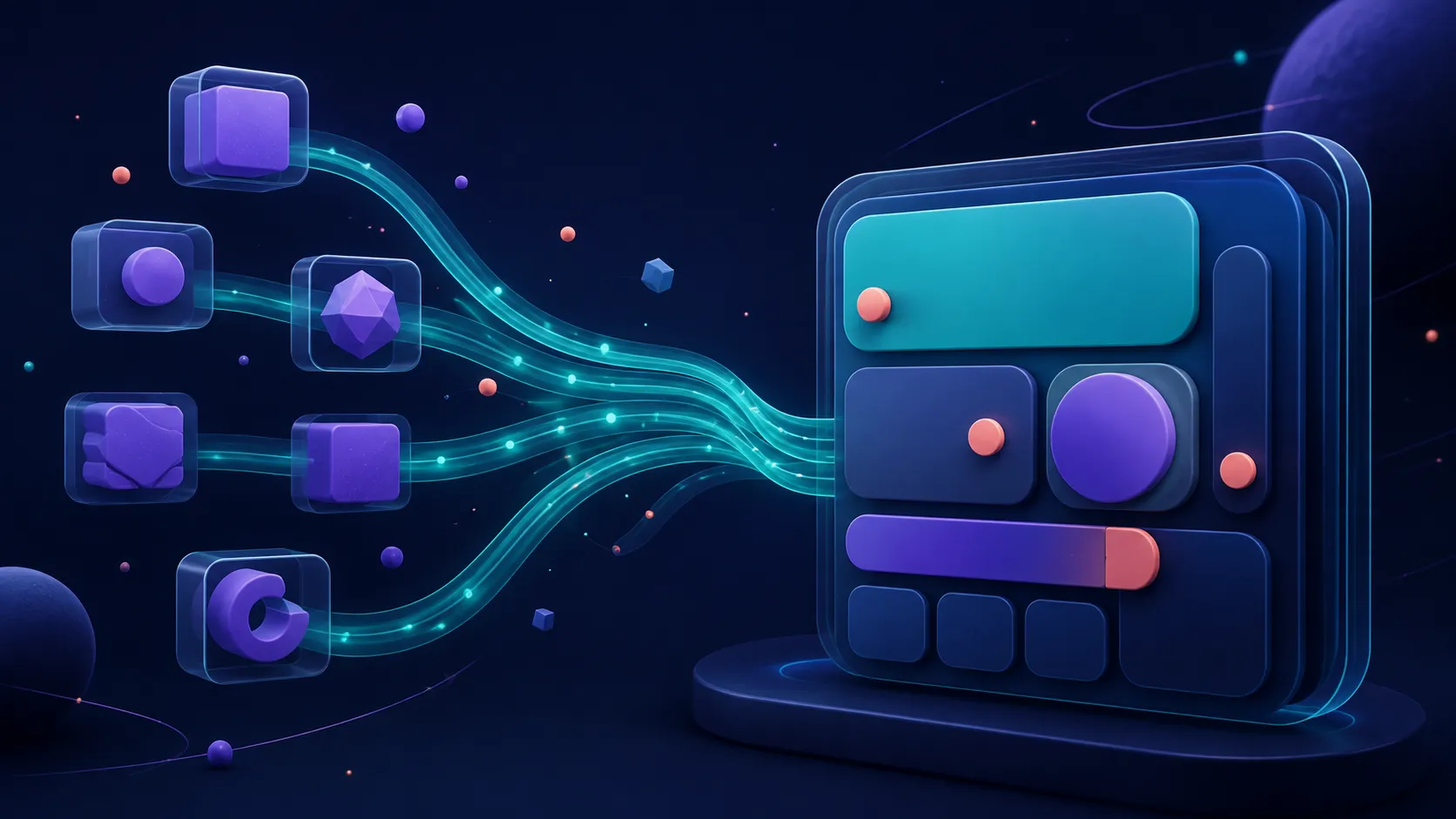 Violet state blocks flowing through a teal path into an abstract Compose screen on a dark navy background.