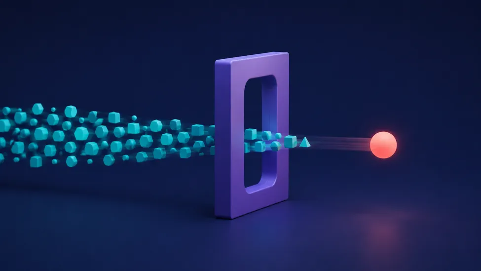 derivedStateOf: Avoid Unnecessary Recompositions A stylized stream of teal state markers passing through a violet threshold gate to produce a single coral output marker.