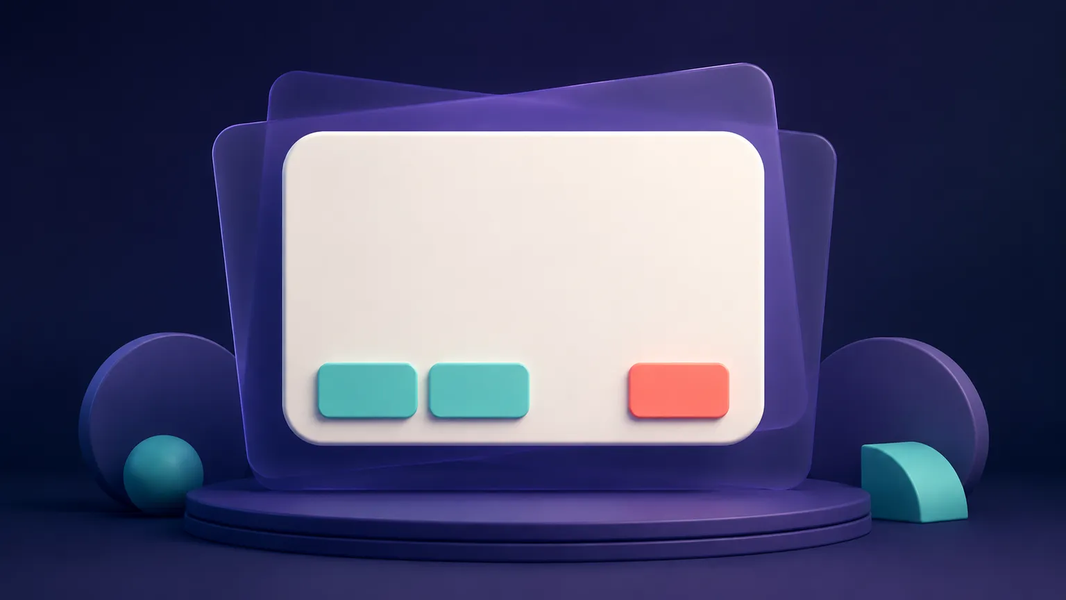 A warm off-white dialog panel floating above a violet dimmed surface with teal action tiles and a coral confirmation tile.