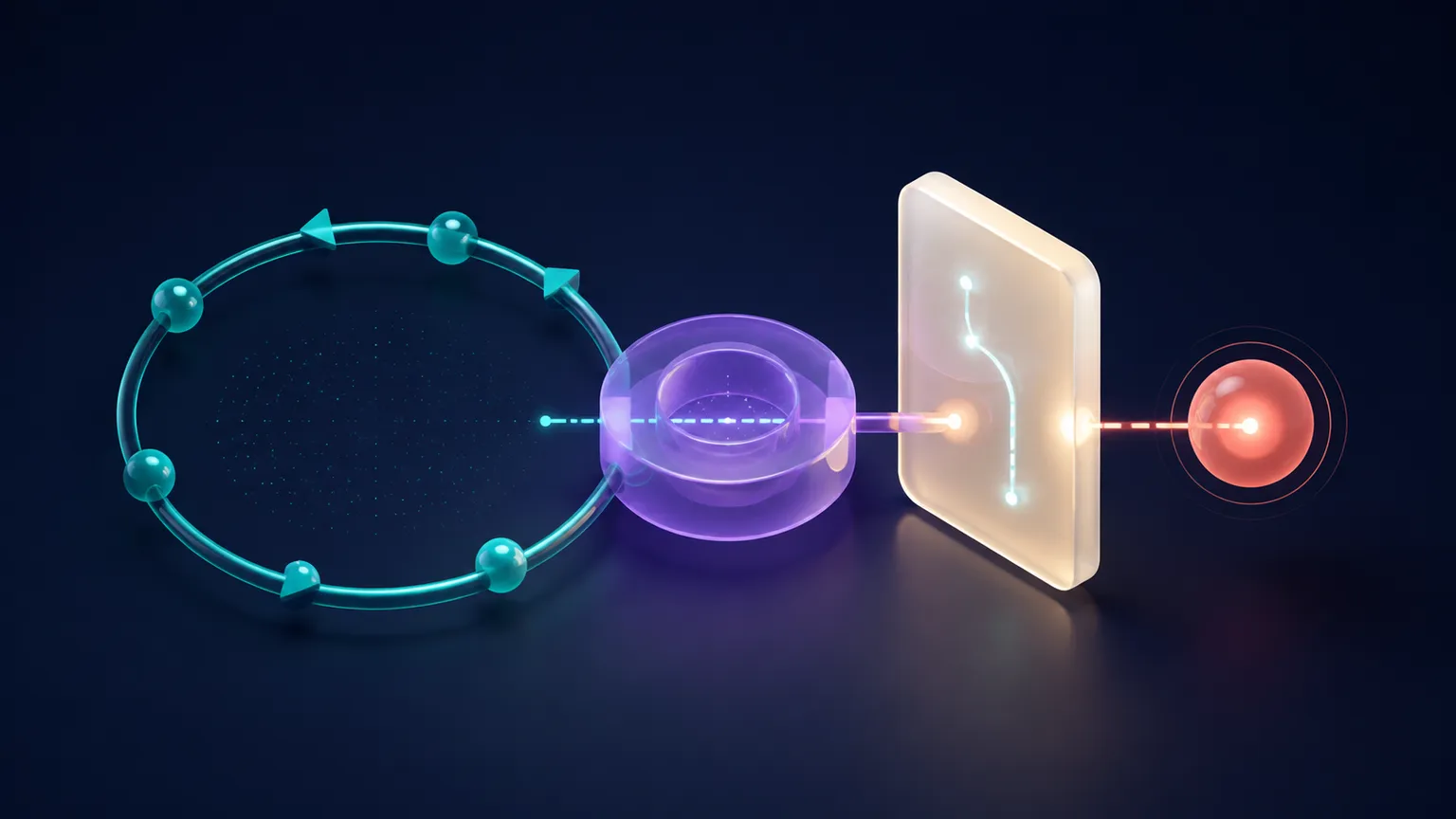 A violet hub connects a teal observer loop, a warm off-white state panel, and a small coral latest-value marker.