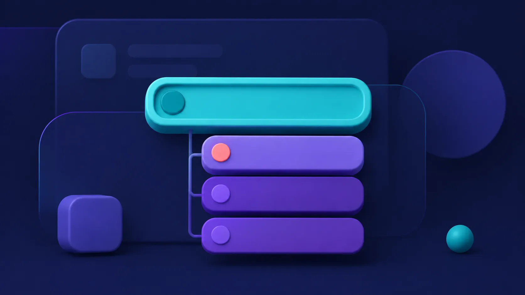 A dark abstract interface card with a teal search field connected to a layered violet suggestion menu.