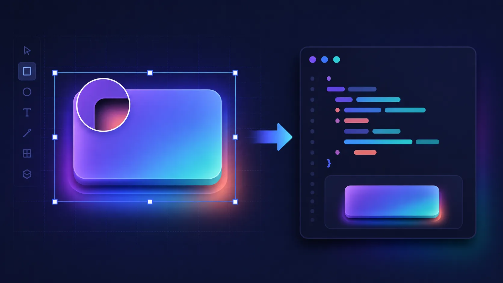 A selected design card with layered shadows flowing into a CSS box-shadow code panel.