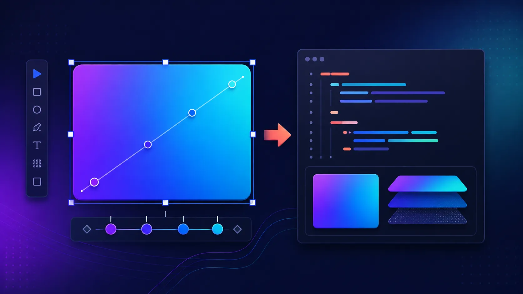 A selected design card with a blue-violet-cyan linear gradient flowing into a CSS background code panel.