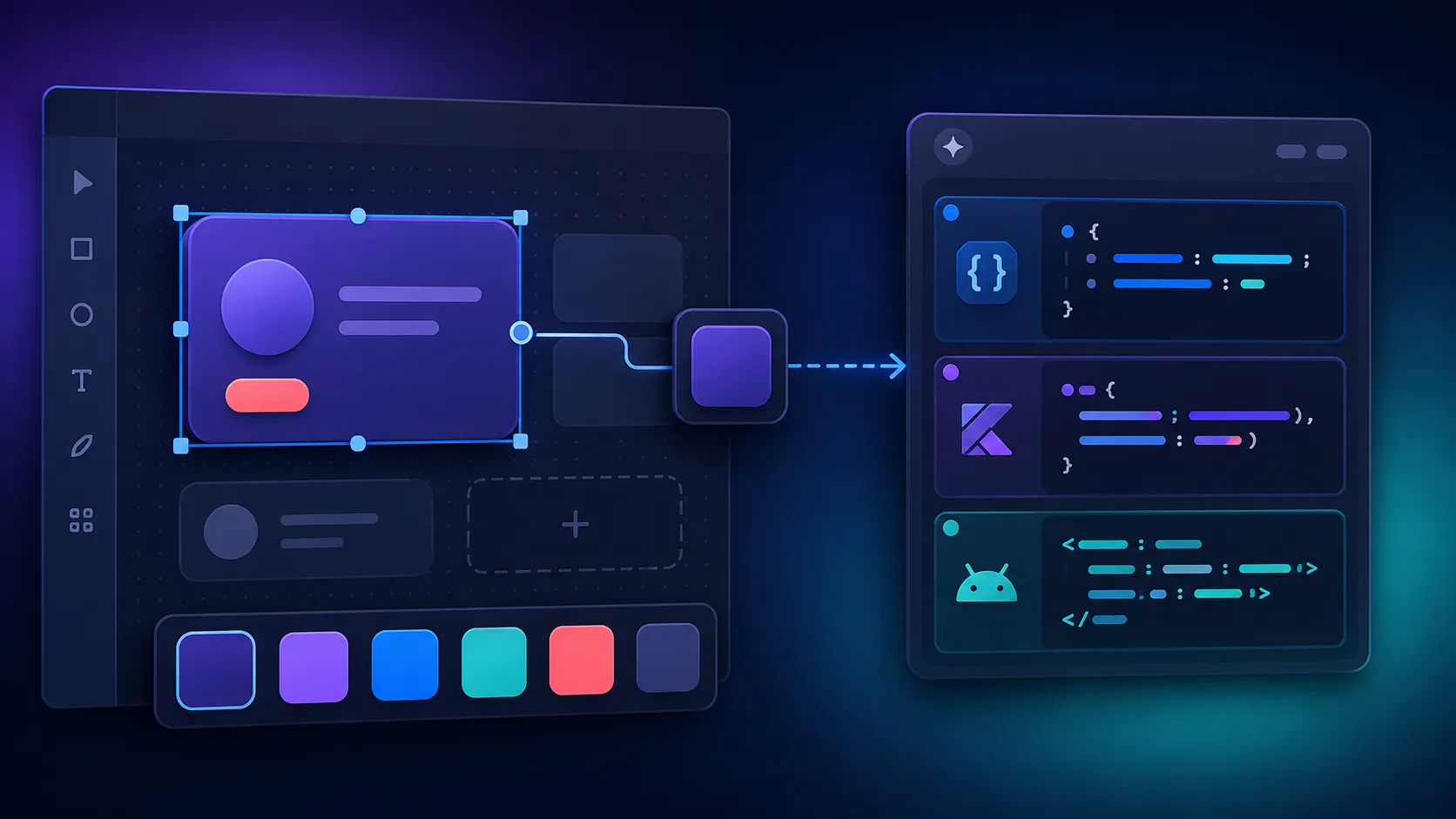 A design canvas and plugin panel illustrating color names being exported as CSS, Jetpack Compose, and Android XML code.