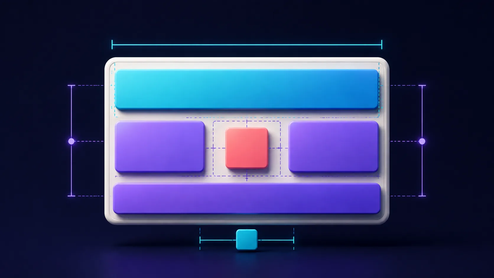A dark technical illustration of an Android layout with expanding width, centered content, proportional weighted columns, and a fixed square inside a constraint frame.