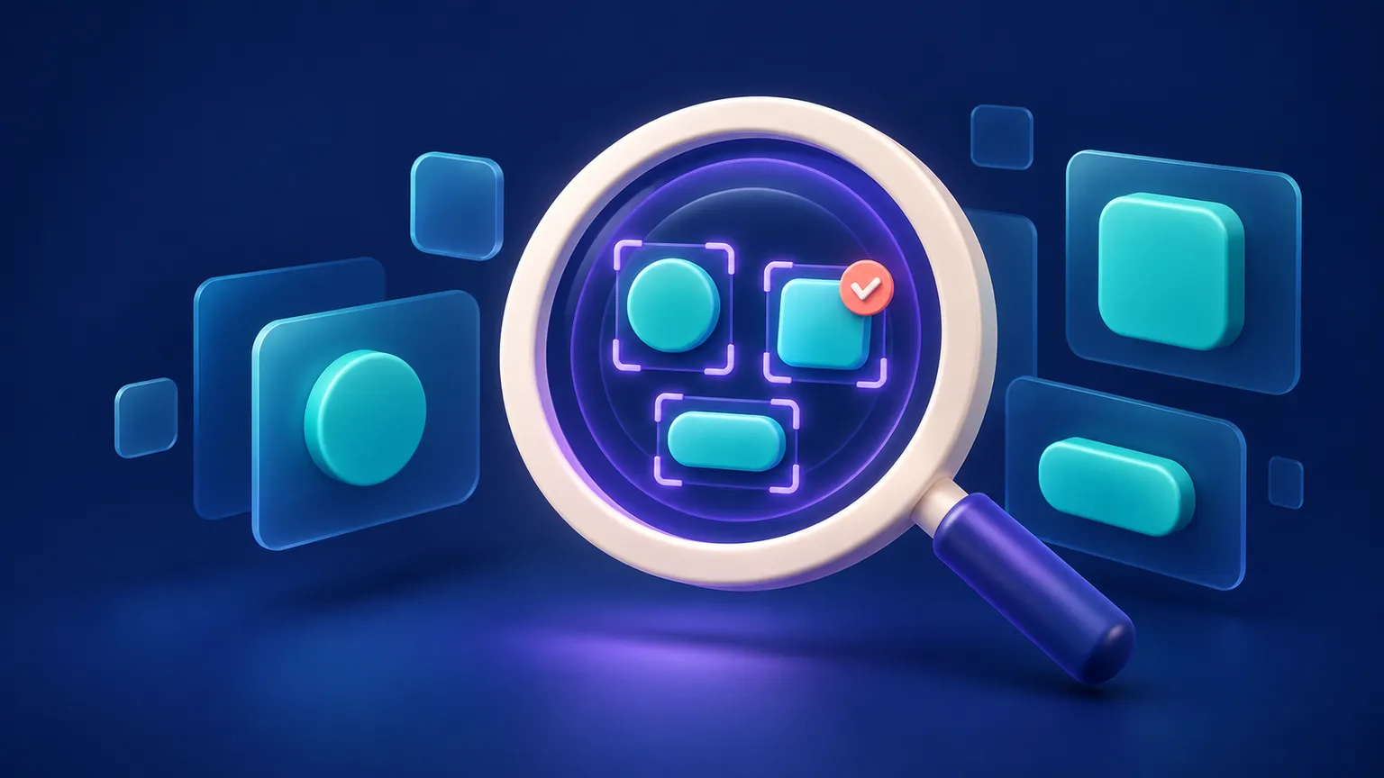 Teal semantic nodes are filtered through layered violet frames toward a warm off-white inspection panel with a small coral highlight on a deep navy background.