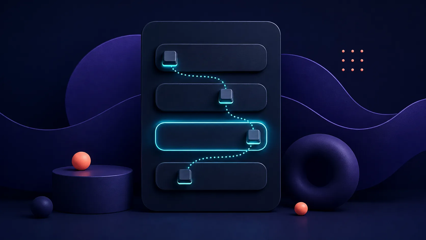 An abstract dark phone form with glowing teal focus rings moving through stacked input fields.