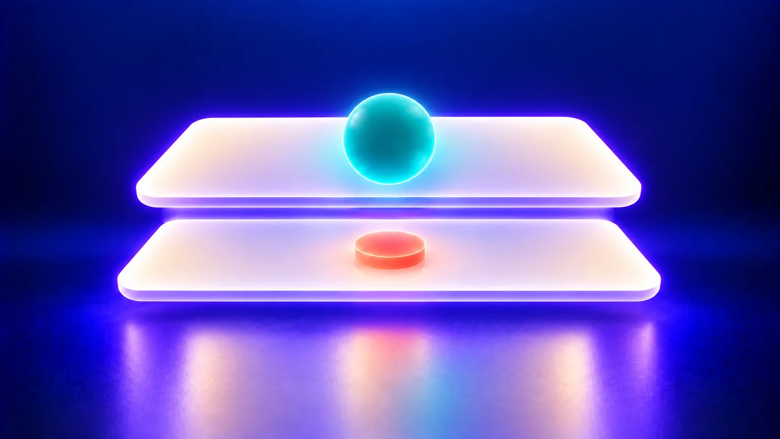 Two floating warm off-white planes are separated by a glowing violet horizontal hinge gap, with a teal sphere above and a small coral puck below on deep navy.