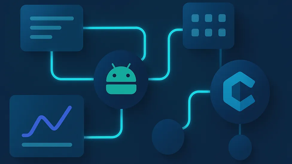 Git branching diagram with merge flows on dark background.