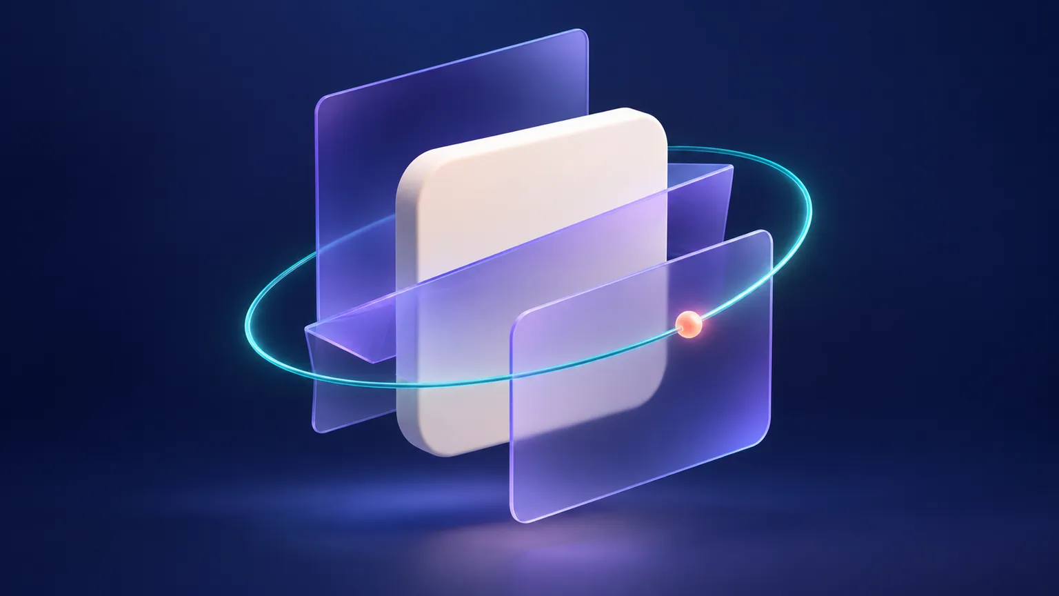 A warm off-white card passes through translucent violet drawing layers with a glowing teal transformation ring on a deep navy background.