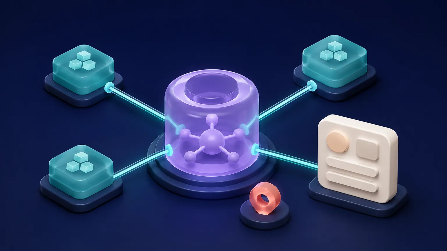 A violet dependency hub connects teal service cards to a warm off-white Compose state panel, with a small coral scope marker.