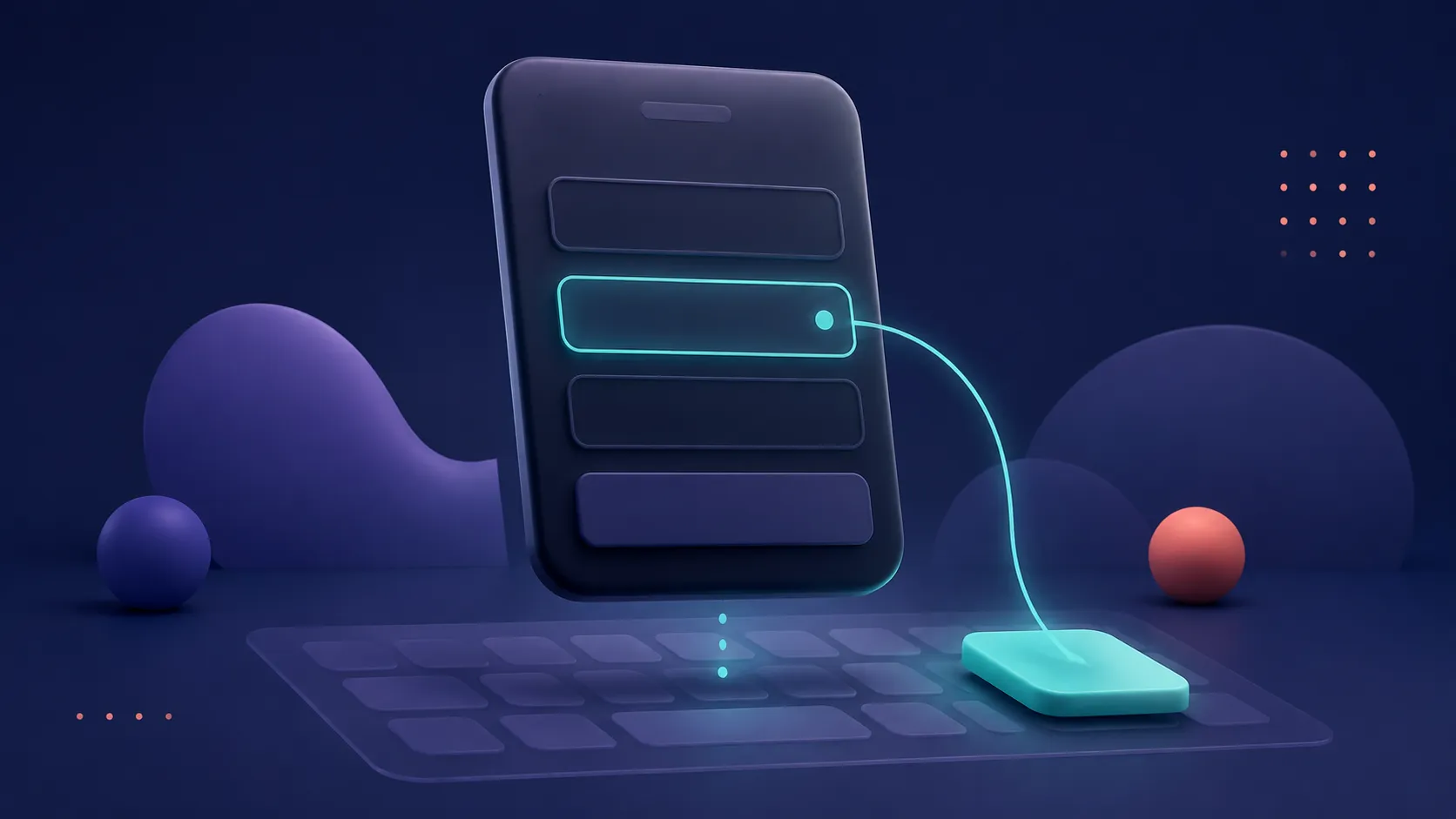 An abstract dark phone form above a glowing teal keyboard plane with a highlighted action key.