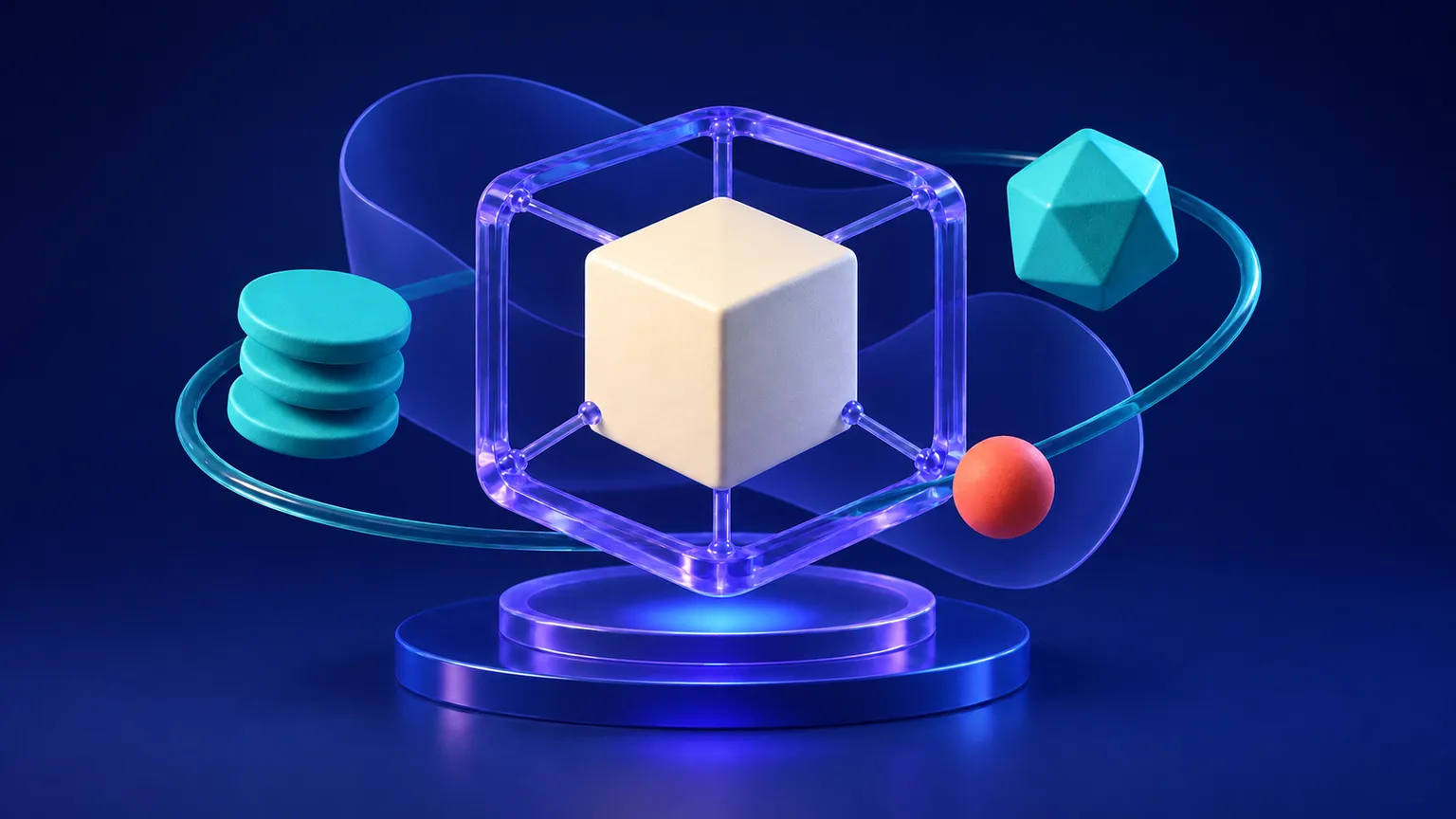 A warm off-white state cube is protected inside a transparent violet frame while teal components remain fixed around it.