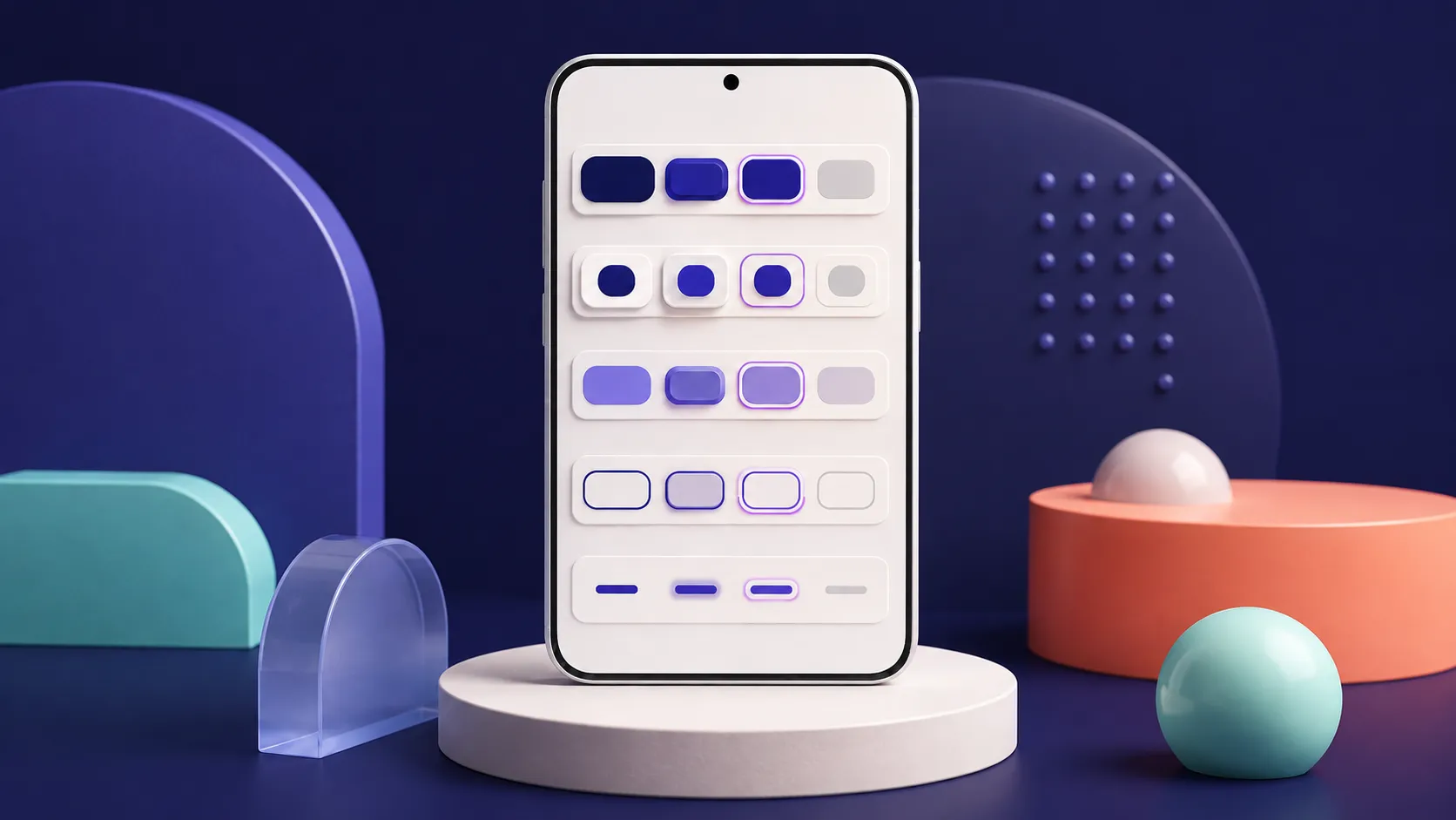 A mobile interface illustration showing several Material 3 button shapes with enabled, pressed, focused, and disabled states.