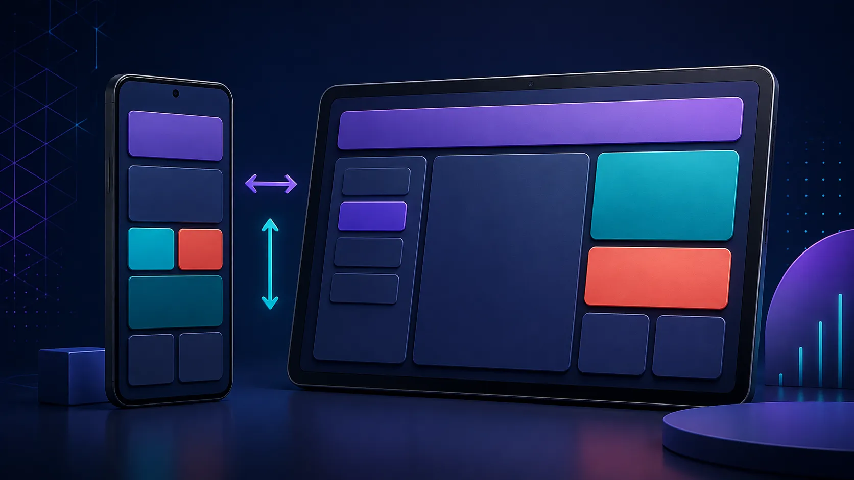 Jetpack Compose FlexBox layout wrapping on a phone and reflowing on a tablet side by side, with main axis and cross axis labels
