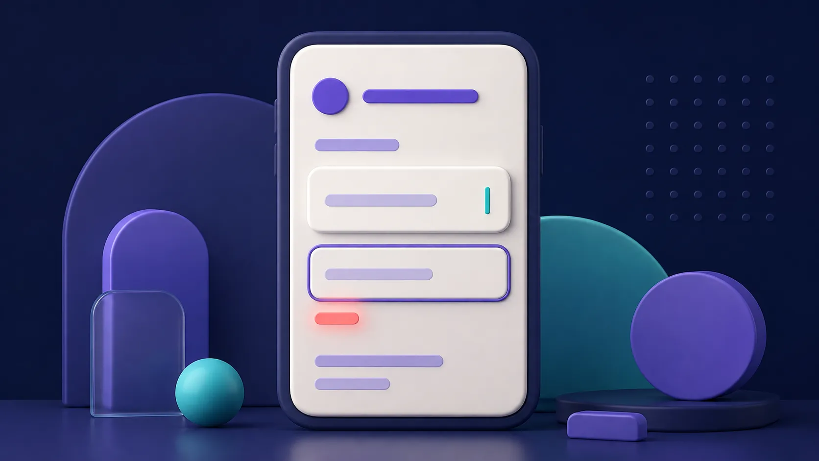 A stylized phone showing a filled input field, an outlined input field, a teal cursor accent, and a coral validation accent.