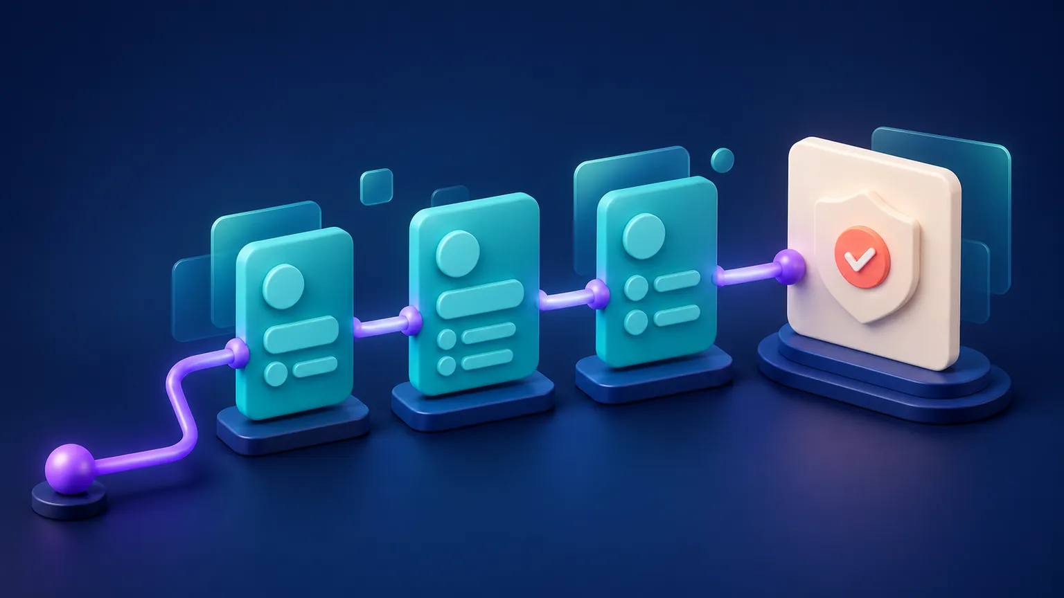 An abstract teal interface card connects through violet paths to a warm off-white verification tile with a coral success marker on a deep navy background.