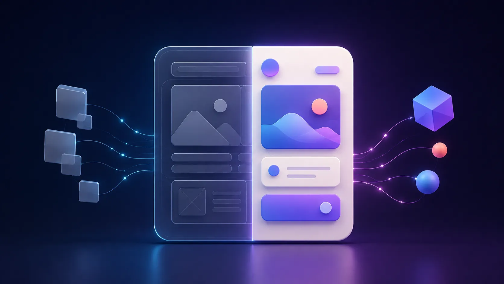A dark technical illustration of an Android phone bridging an XML-style view hierarchy and a Kotlin-inspired Jetpack Compose interface.