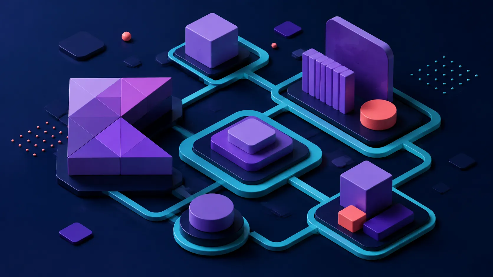 Violet Kotlin-inspired building blocks connected by teal paths in an abstract Compose layout.